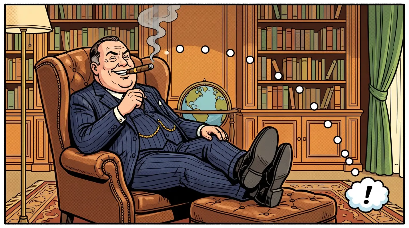 Comic-style illustration of a smug, cigar-smoking man in a pinstriped suit reclining in a leather armchair with his feet up on an ottoman, a globe and bookshelves behind him and a thought bubble with an exclamation point.