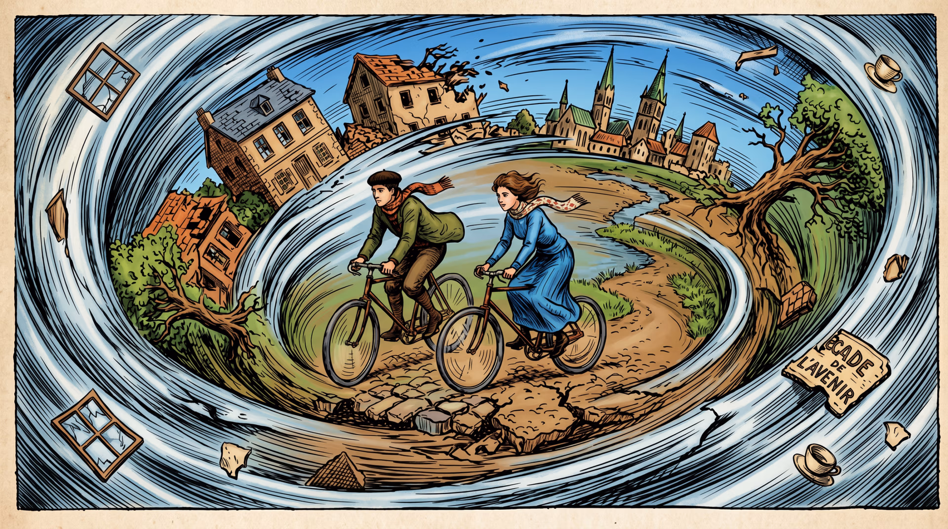 Illustration of a young man and woman riding old-fashioned bicycles through a swirling, disorienting vortex surrounded by crumbling buildings, uprooted trees, and floating debris, with a torn sign reading "...cade de l'avenir."