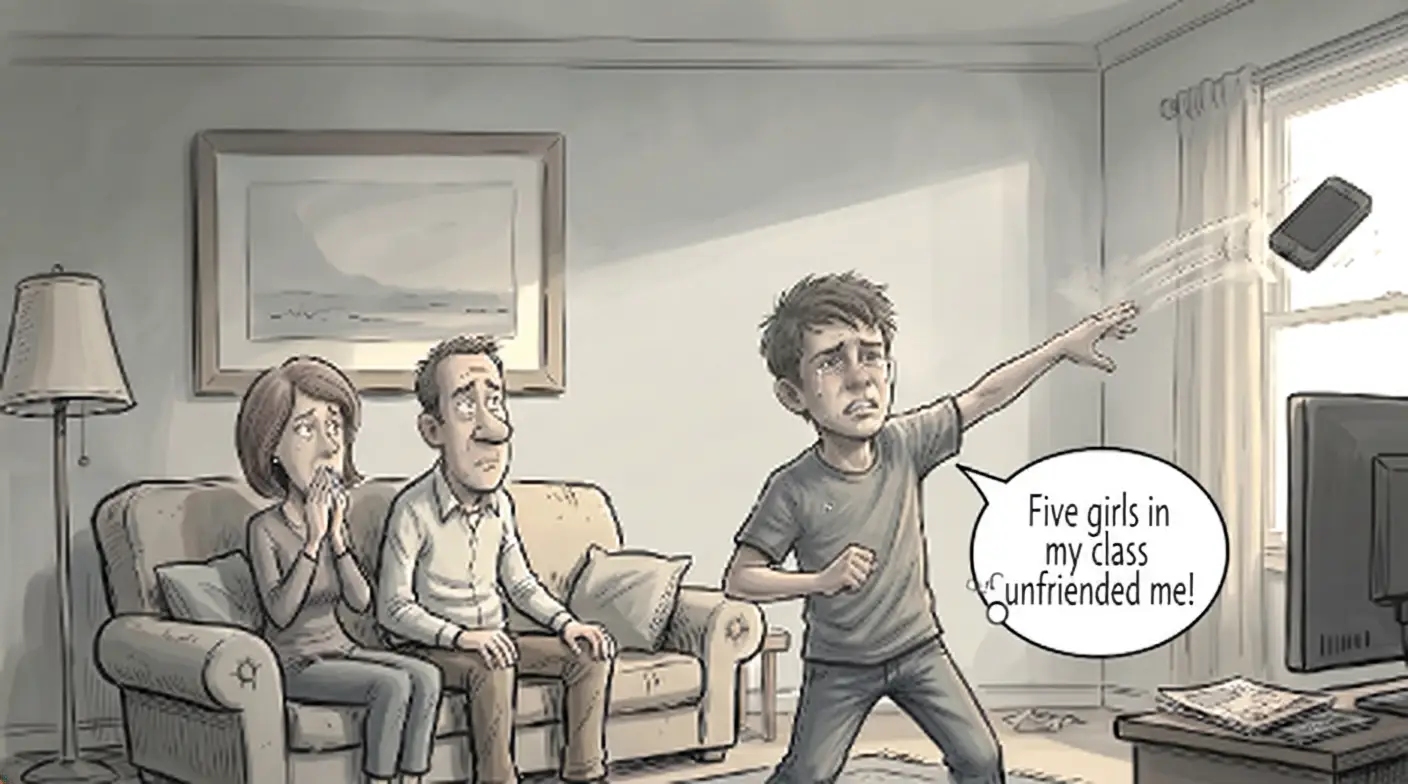 Cartoon of a distraught teenage boy hurling his phone across a living room while shouting about being unfriended, as his startled parents watch from the couch