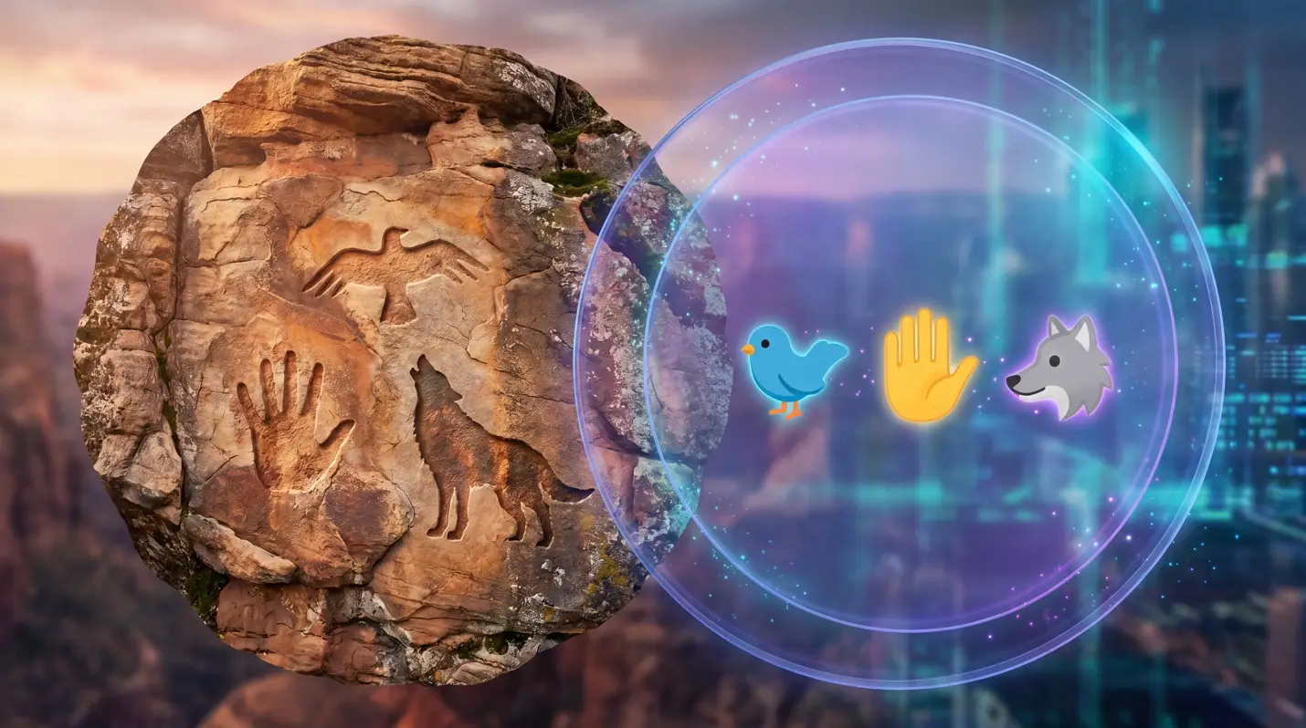 Split image contrasting ancient petroglyph carvings of a bird, a hand, and a wolf on a stone surface with a glowing circular digital portal containing the same bird, hand, and wolf as emoji, set against a futuristic city skyline at dusk.