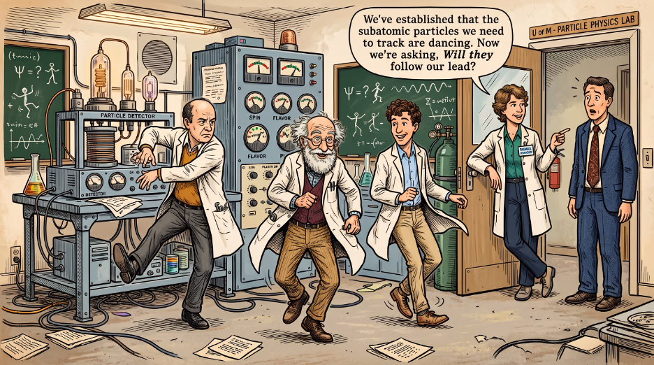 Color cartoon illustration of scientists in lab coats dancing amid laboratory equipment, one exclaiming in a speech bubble about subatomic particles, in a particle physics lab set.