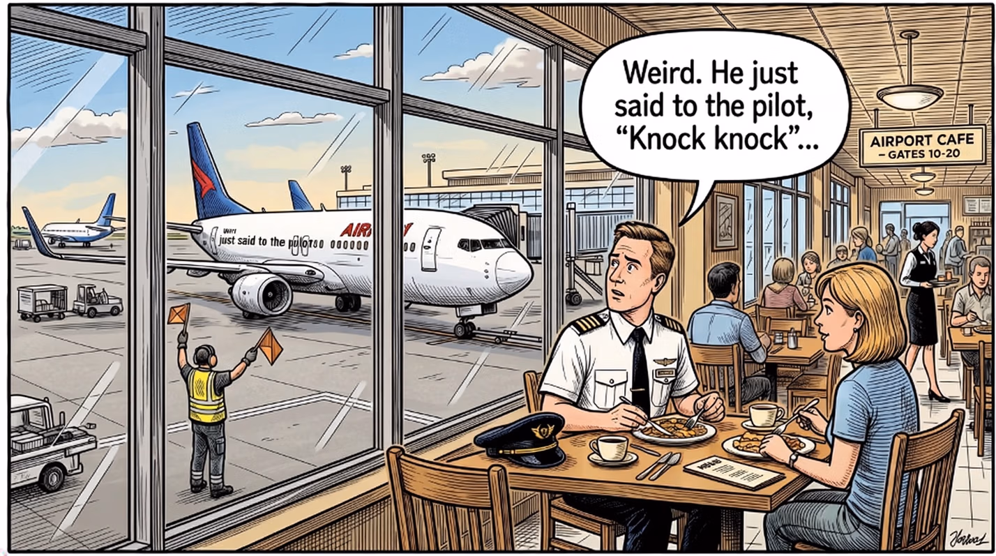 Color cartoon illustration of a pilot and a woman eating at an airport café table, the woman saying in a speech bubble that the pilot “said to the pilot, ‘Knock knock’…”, with an airliner and ground crew visible through the window.