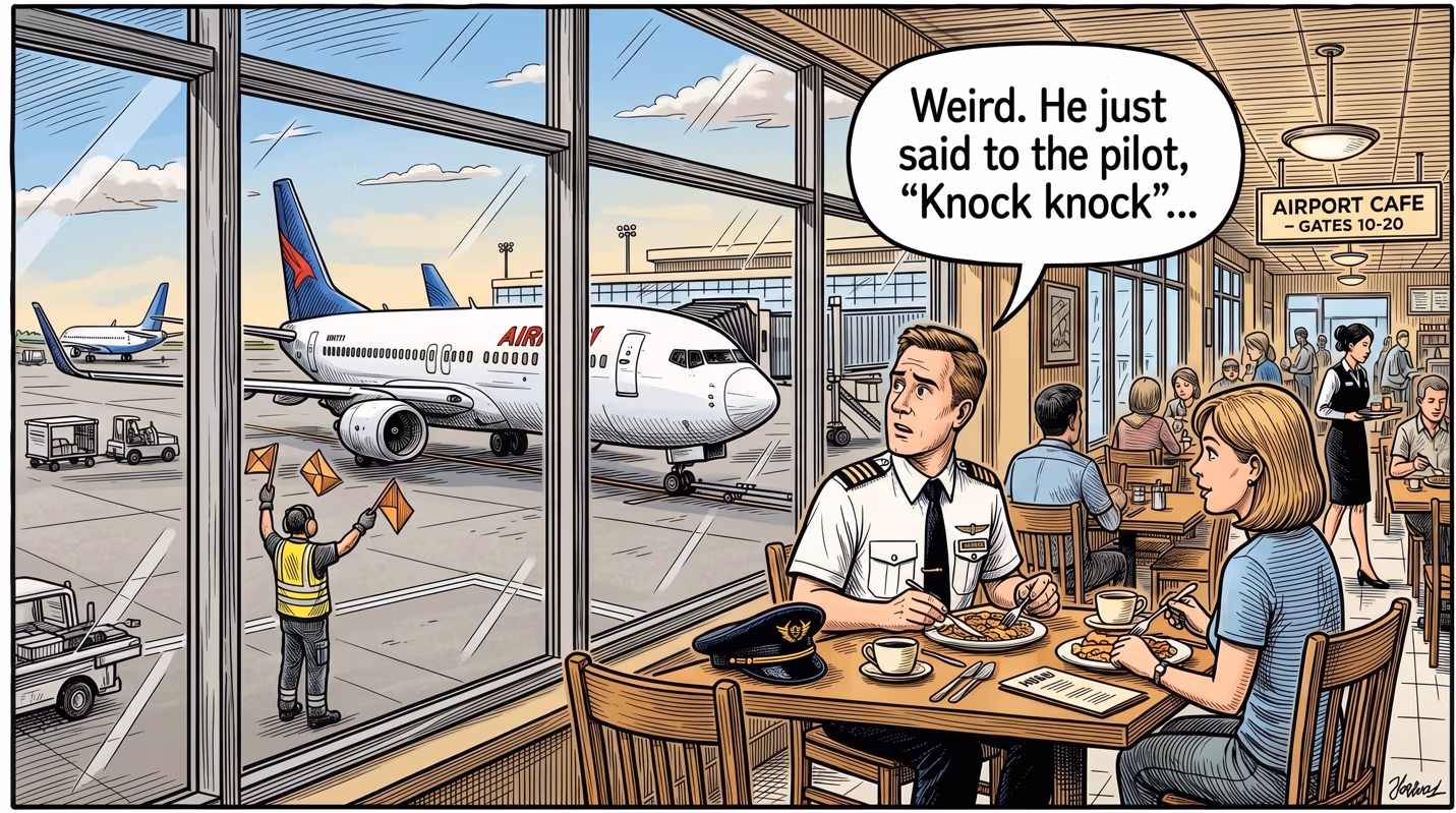 Color comic-style illustration of a pilot and a woman having breakfast in an airport cafe overlooking the tarmac, where a ground crew member signals a parked jet with semaphore flags; a speech bubble reads "Weird. He just said to the pilot, 'Knock knock'..."