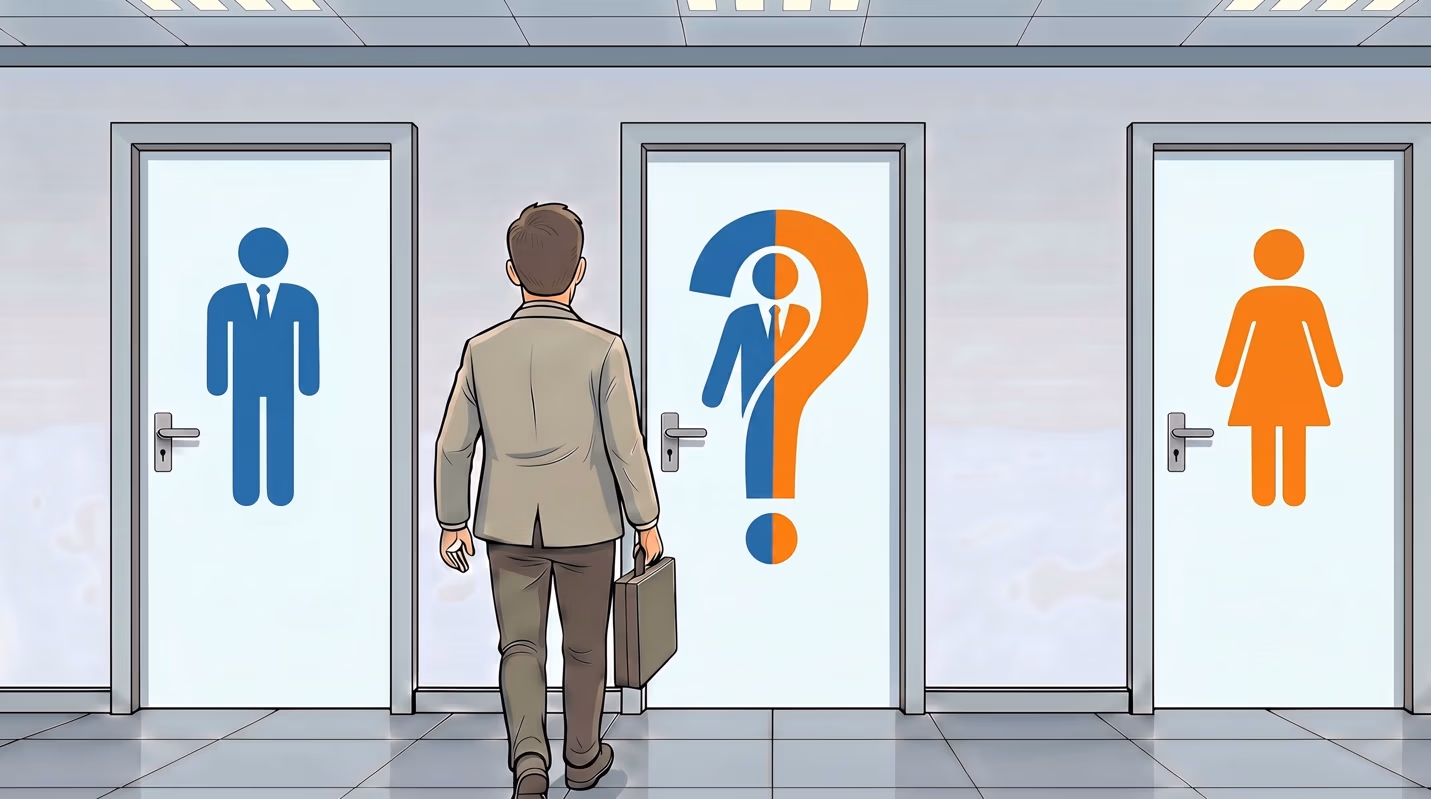 Cartoon illustration of a man in a suit walking down a hallway toward three doors marked with male, female, and a half-blue/half-orange question-mark restroom symbols.