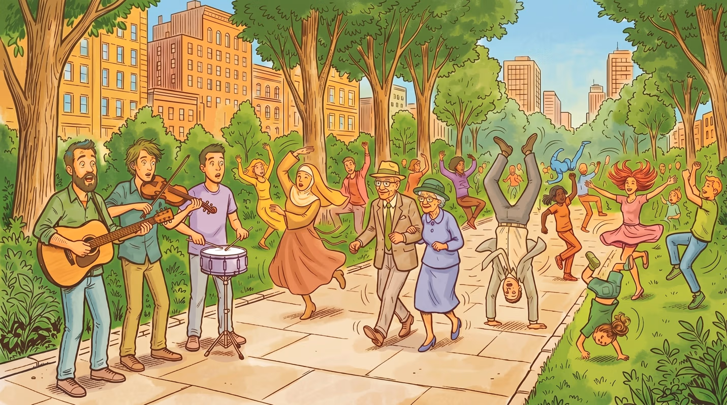 Colorful cartoon illustration of a diverse crowd of people singing, dancing, and playing instruments (guitar, violin, drum) together along a tree-lined city park path.