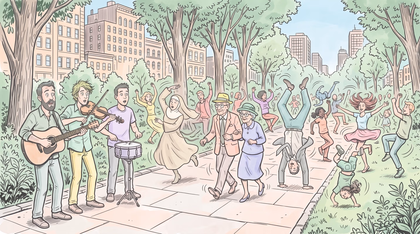 Color illustration of a street musician trio playing guitar, violin, and drum on a tree-lined urban path while a diverse crowd of people dance, cartwheel, and celebrate around them.