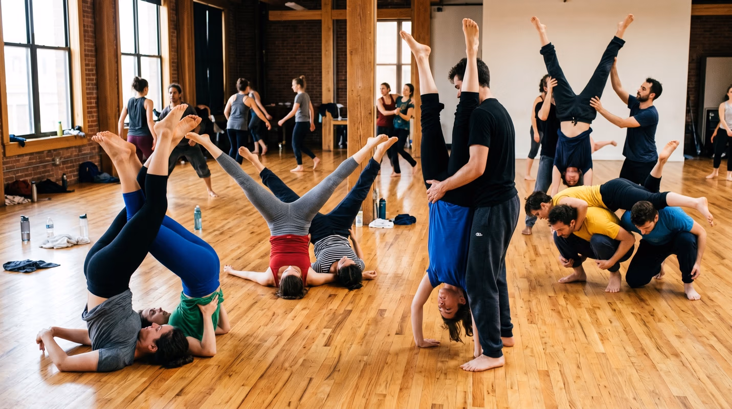 Photograph of a contemporary dance class, pairs of dancers in acrobatic partnered poses filling a sunlit studio floor.