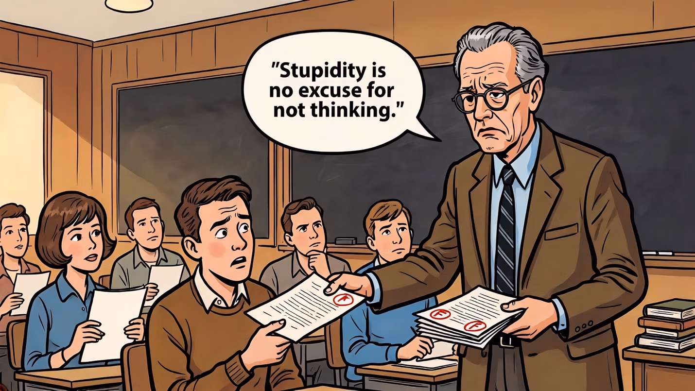 Illustrated classroom scene of a stern, glasses-wearing teacher handing back graded papers marked with red F's to worried students, with a speech bubble containing bold text above him.