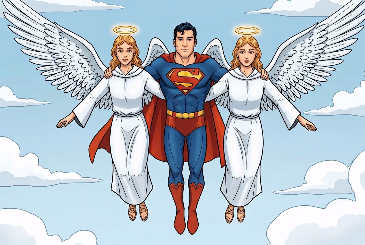 Color comic illustration of Superman flying between two winged, haloed angels against a cloudy blue sky, visually likening him to a medieval angel.