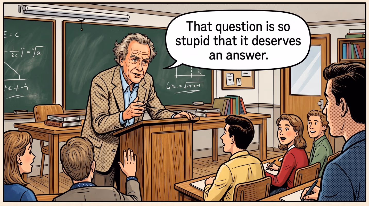 Illustration of a professor at a classroom lectern addressing students, chalkboards covered in equations behind him, with a speech bubble containing the quote text.