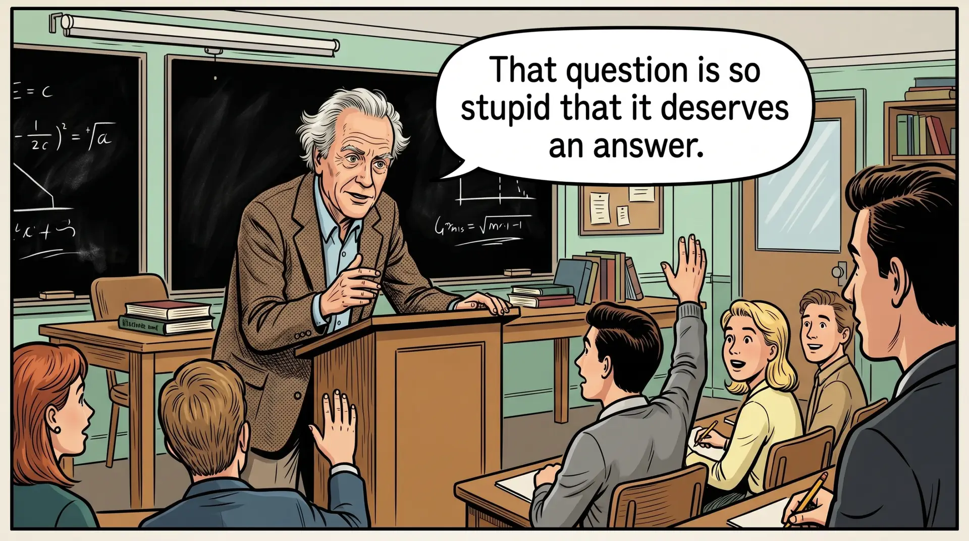 Comic-style illustration of an older lecturer at a podium addressing a classroom, gesturing toward a student with a raised hand, with a speech bubble of bold text above him and equations on the blackboard behind.