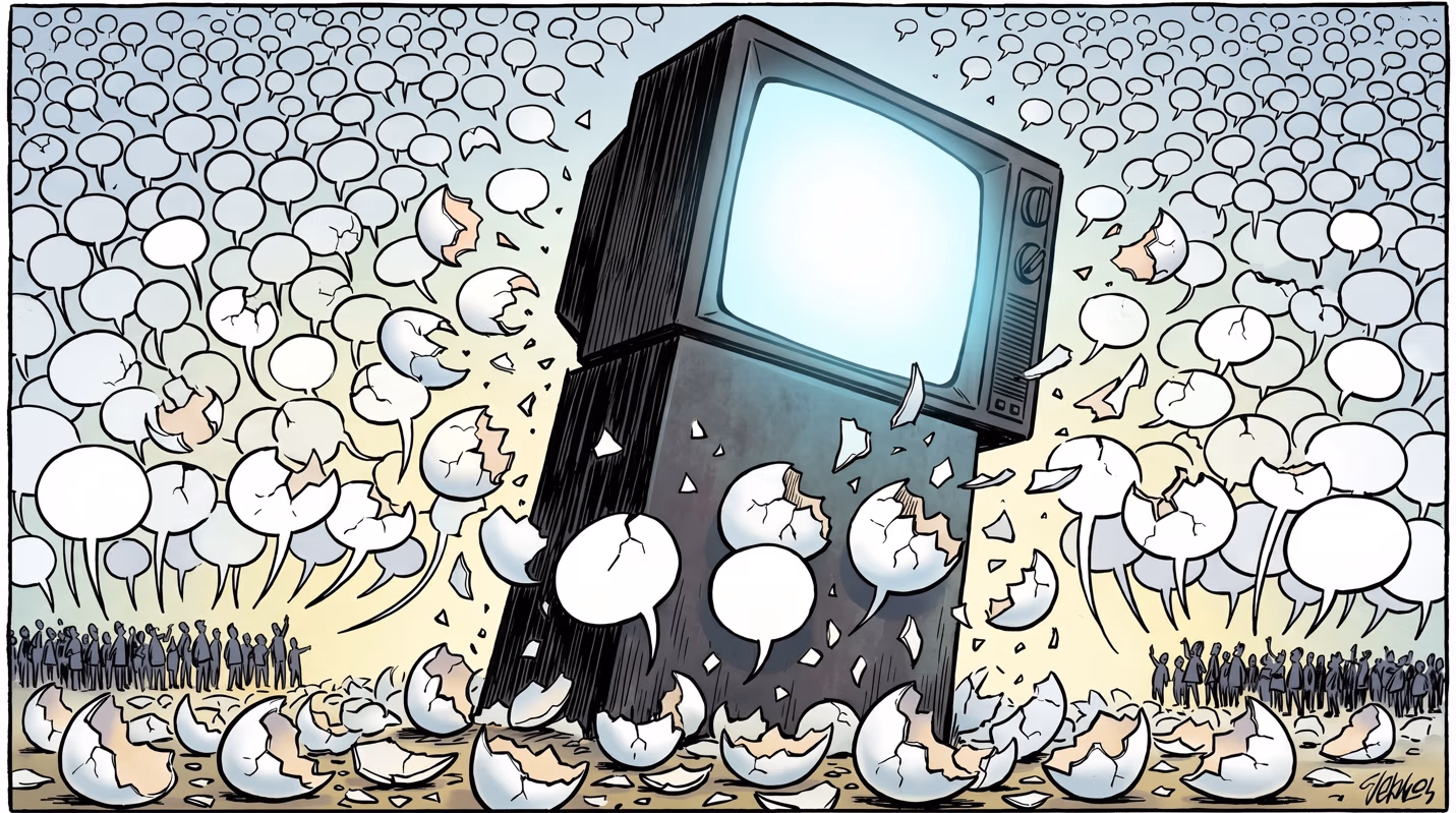 Color illustration of an oversized, glowing television set surrounded by a dense field of empty speech bubbles and broken eggshells, with small crowds of people gathered below on either side.