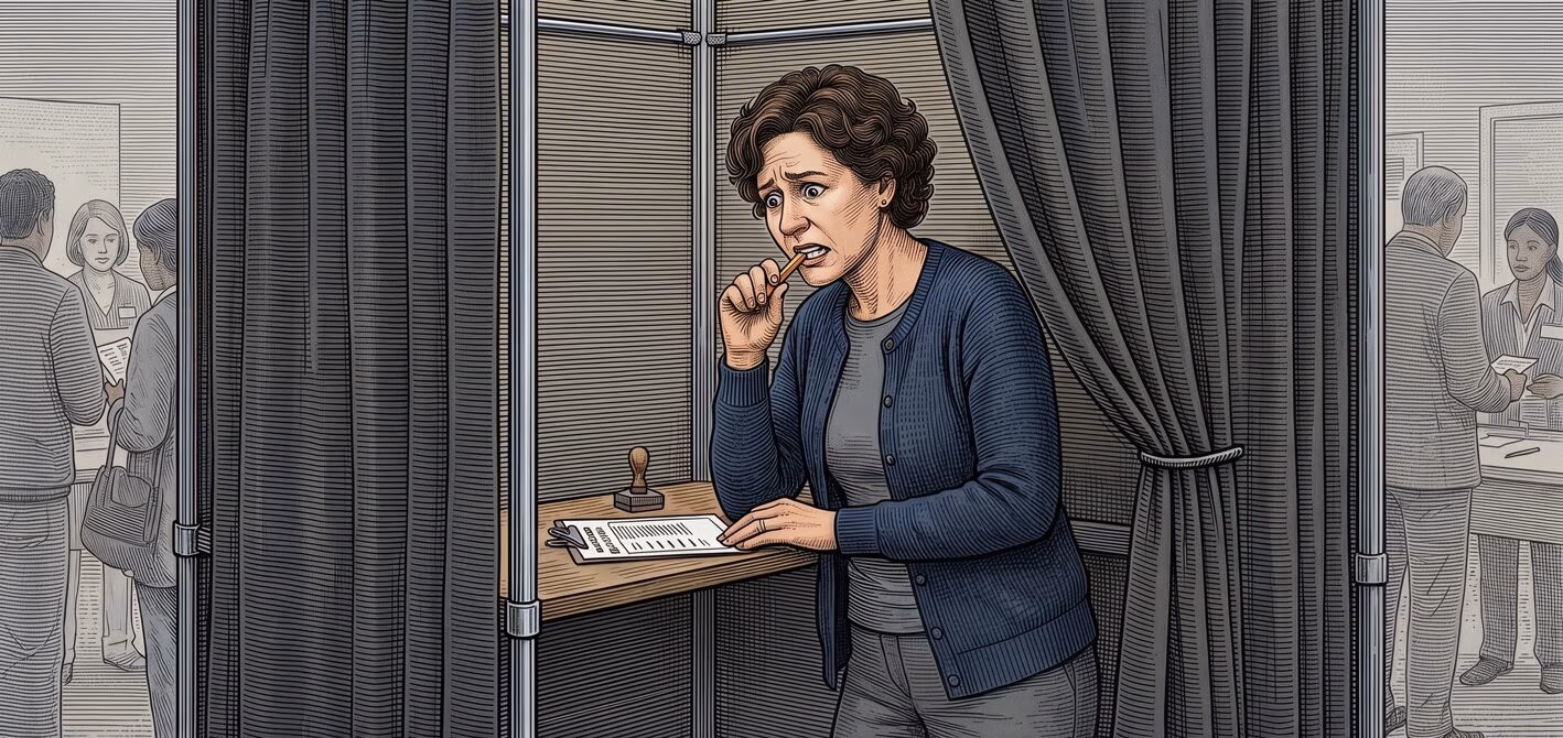 Illustrated drawing of an anxious-looking woman biting a pencil while standing in a voting booth with curtains, other voters visible blurred in the background.