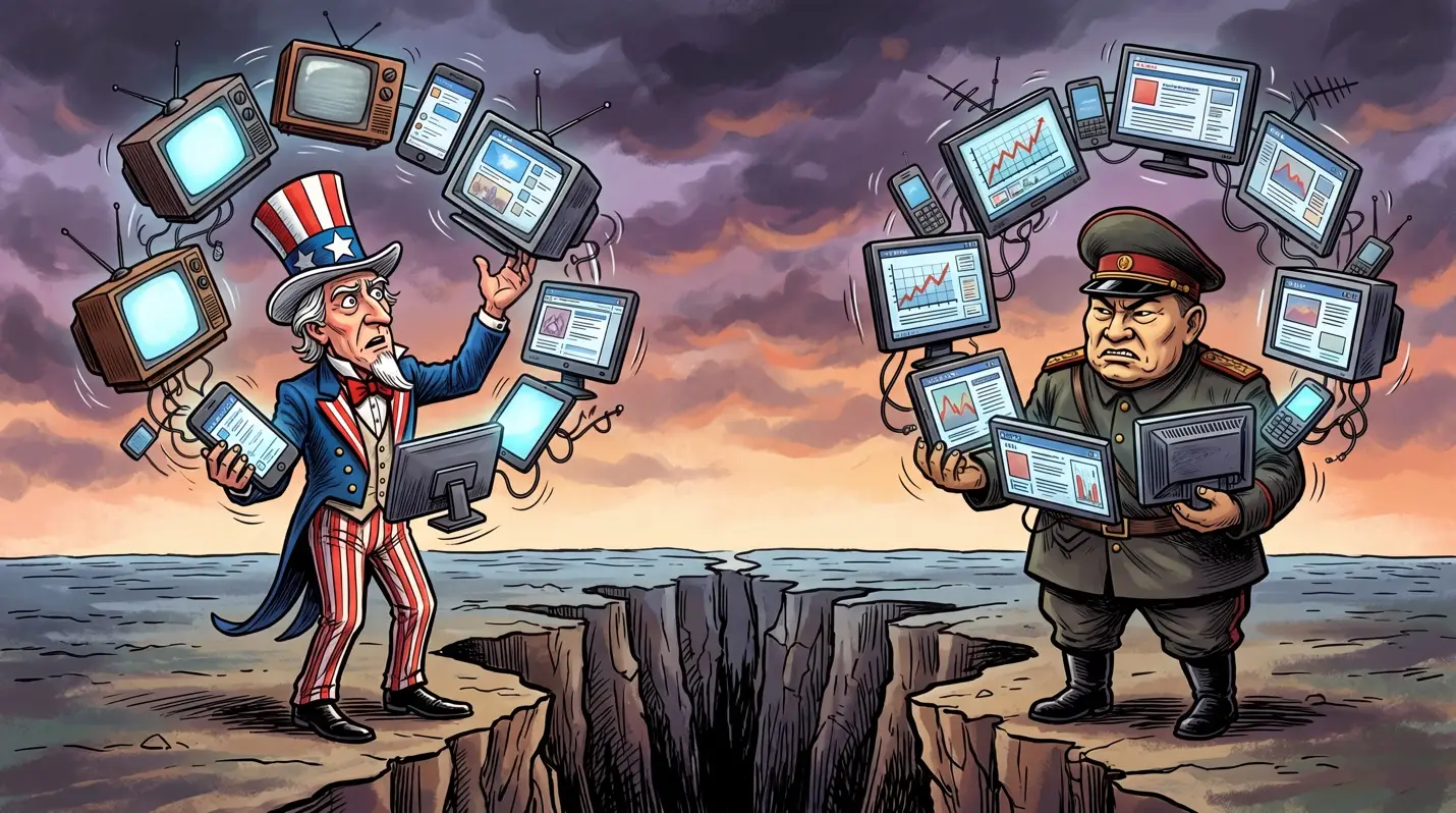 Illustrated scene of two caricatured Cold War figures, Uncle Sam and a Soviet military officer, juggling televisions, computer monitors, and mobile devices while standing on opposite sides of a cracked, splitting cliff under a stormy sky.
