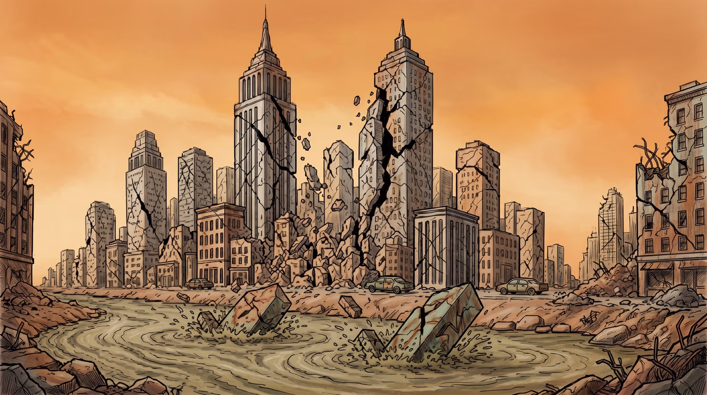 Color illustration of a devastated, cracked cityscape with skyscrapers splitting apart and toppling into a flooded street beneath a smoky orange sky.
