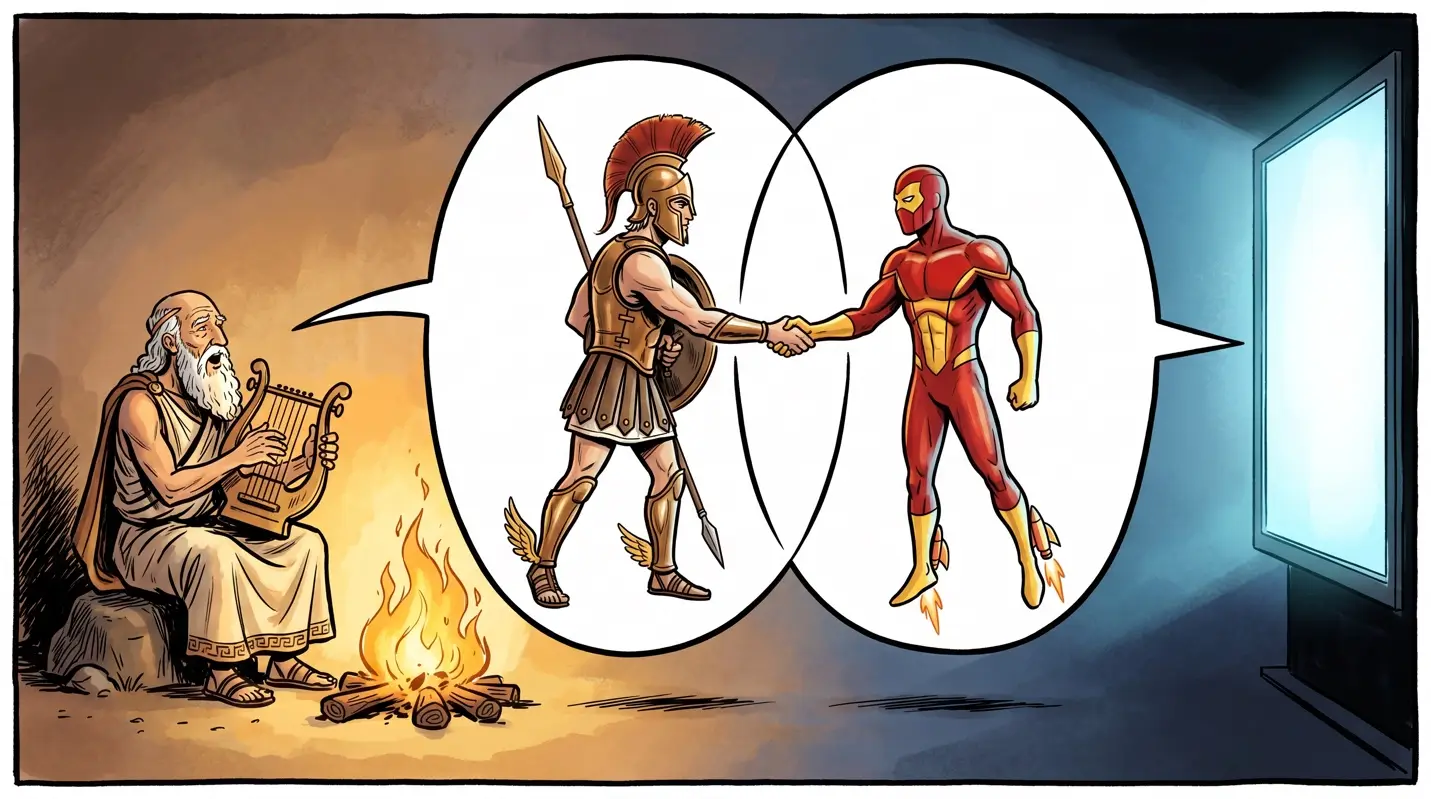 Split illustration joined by a handshake inside overlapping speech bubbles: an elderly bard playing a lyre beside a campfire on the left, and an armored ancient warrior shaking hands with a red rocket-booted superhero in front of a glowing television screen on the right.