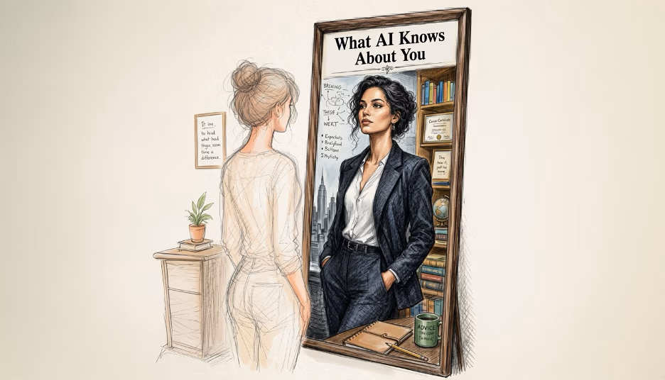 Mixed-media illustration of a pencil-sketched woman seen from behind looking into an ornate framed mirror; her reflection, rendered in full color, shows a polished professional alter-ego against a city skyline, beneath the caption "What AI Knows About You."