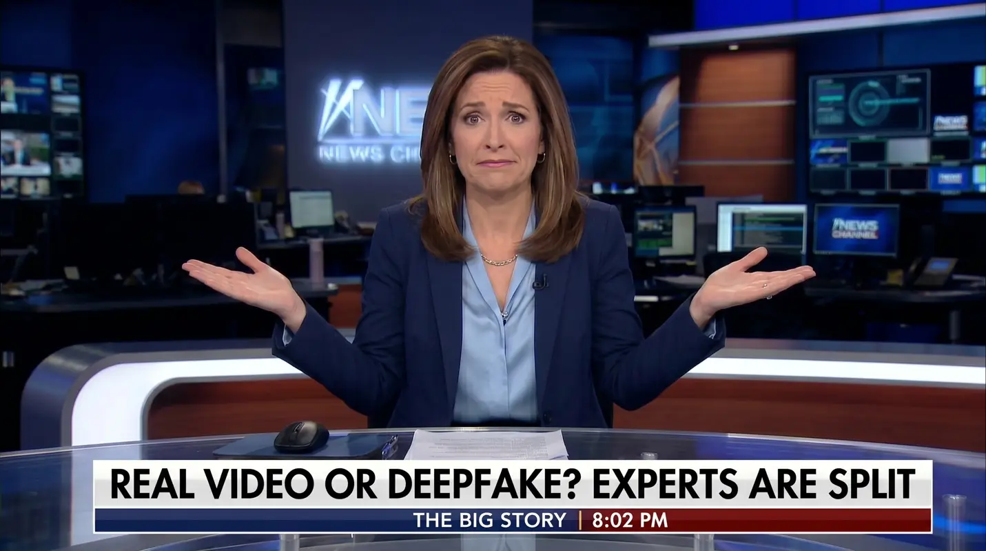 Photo-realistic image of a television news anchor at a studio desk shrugging with raised palms, beneath an on-screen headline reading "Real Video or Deepfake? Experts are Split."