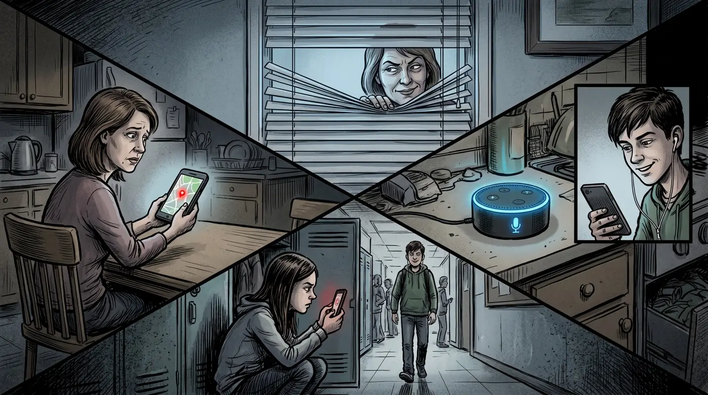 Four-panel illustration in dark, moody tones showing people being watched through everyday technology: a woman checking a location app, a neighbor peering through blinds, a smart speaker listening in a kitchen, and teens on phones in a school hallway.