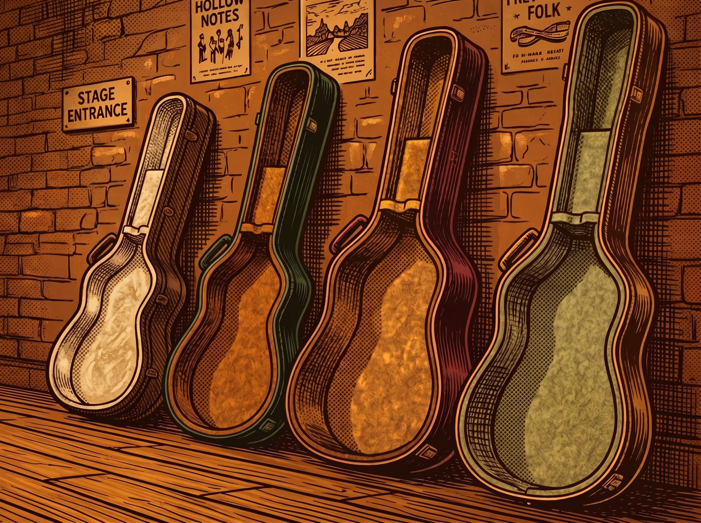Stylized illustration of four vintage guitar cases leaning against a brick wall beside a "Stage Entrance" sign and band posters reading "Hollow Notes" and "Folk."