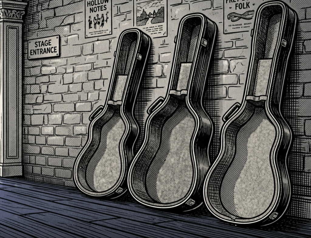 Black-and-white halftone illustration of three guitar cases leaning against a brick wall beside a "Stage Entrance" sign, with band posters mounted on the wall above.