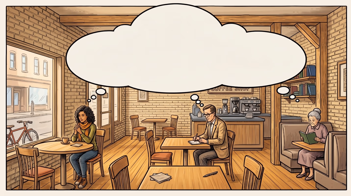 Illustrated interior of a rustic coffee shop with several patrons seated separately, each connected by small thought-bubble trails to one large shared blank thought bubble overhead, suggesting wordless, intuitive communication.