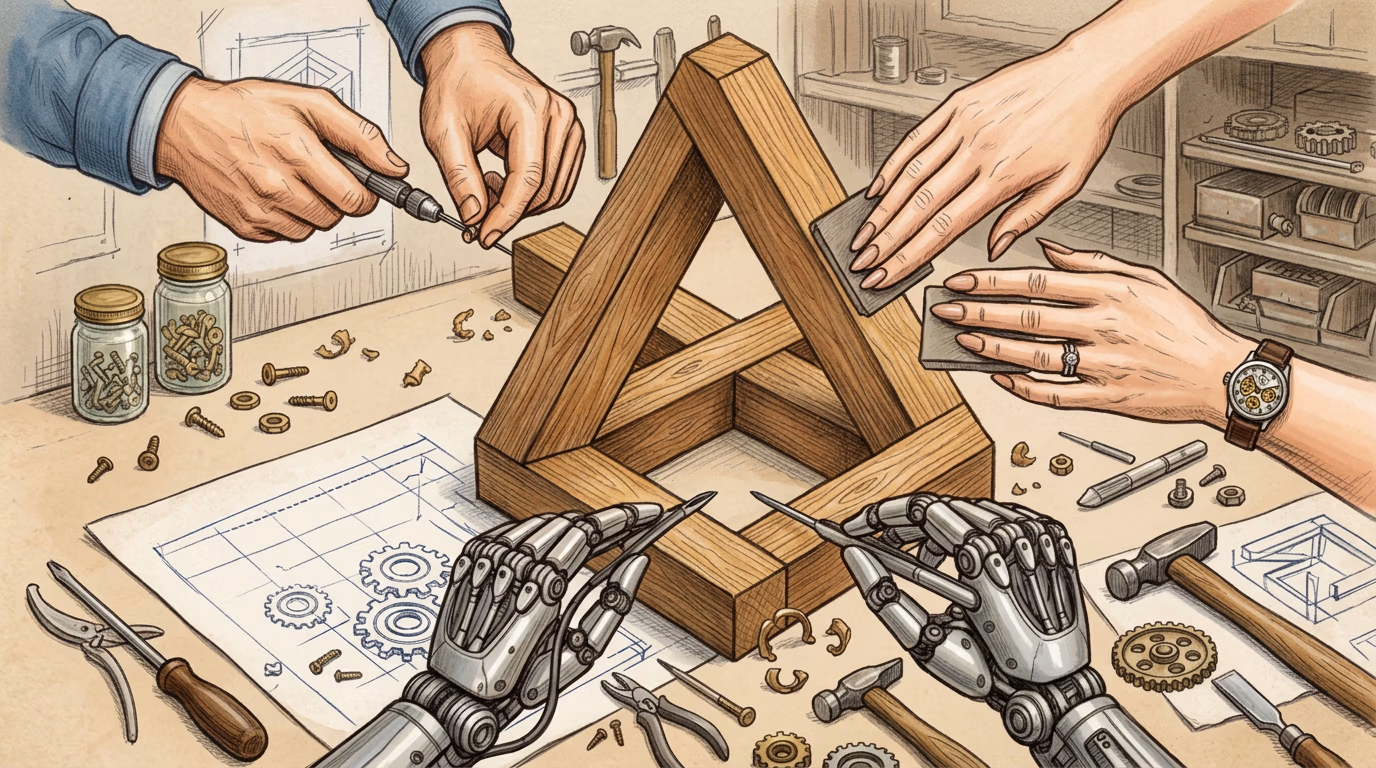 Illustration of human hands and robotic hands collaboratively assembling and sanding a wooden triangular frame (resembling an impossible/Penrose triangle) on a workbench covered with tools, screws, and blueprints.