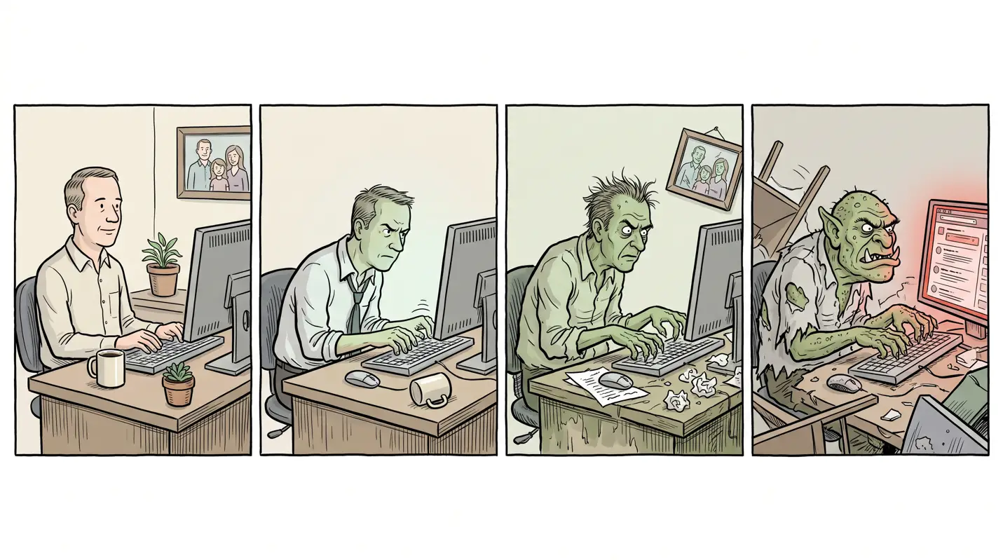 Four-panel comic strip showing an office worker at a computer gradually transforming, panel by panel, into a snarling green troll-like monster as his desk grows messier and the room darkens.