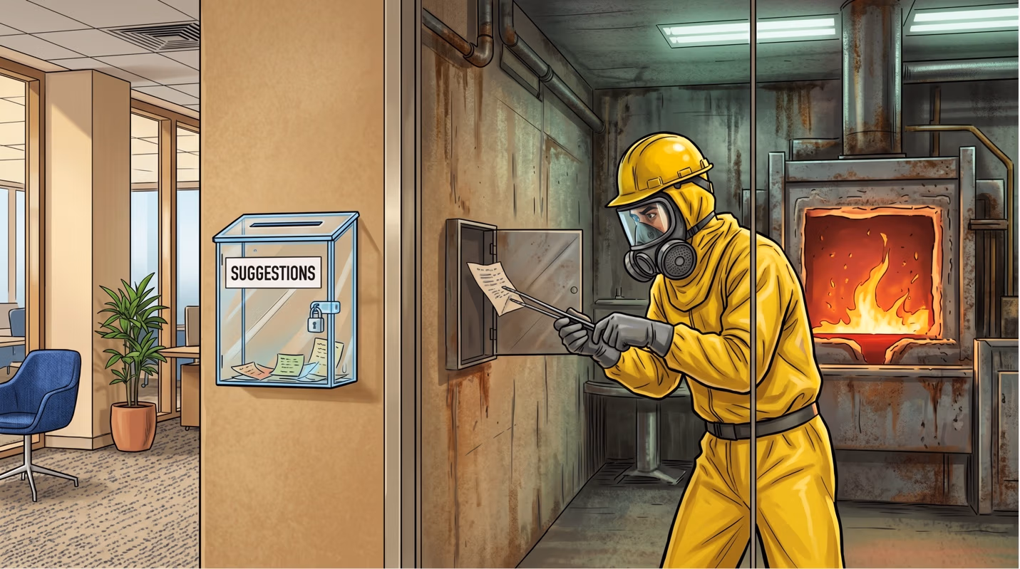 Split illustration: an office scene with a locked "Suggestions" box and potted plant beside a doorway, leading into an industrial room where a worker in a yellow hazmat suit and gas mask uses tongs to feed a paper into a glowing furnace.