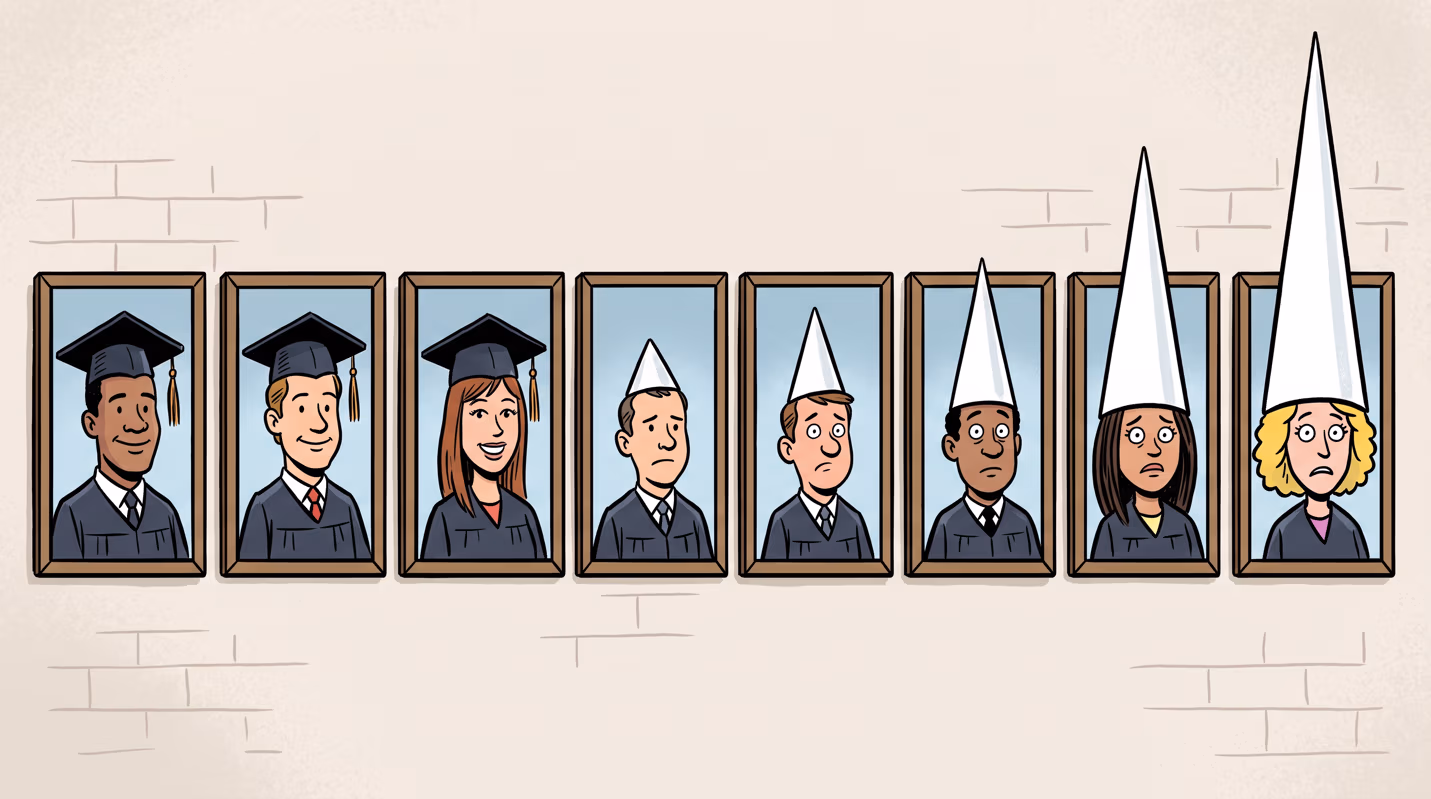 Row of eight framed portraits on a brick wall, progressing from smiling graduates in caps to figures in increasingly tall dunce caps.