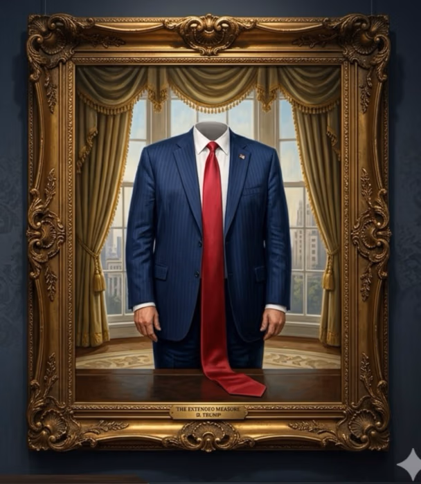 Illustration of an ornate gold picture frame containing a headless figure in a navy suit and red tie standing before draped curtains, with an engraved plaque below.
