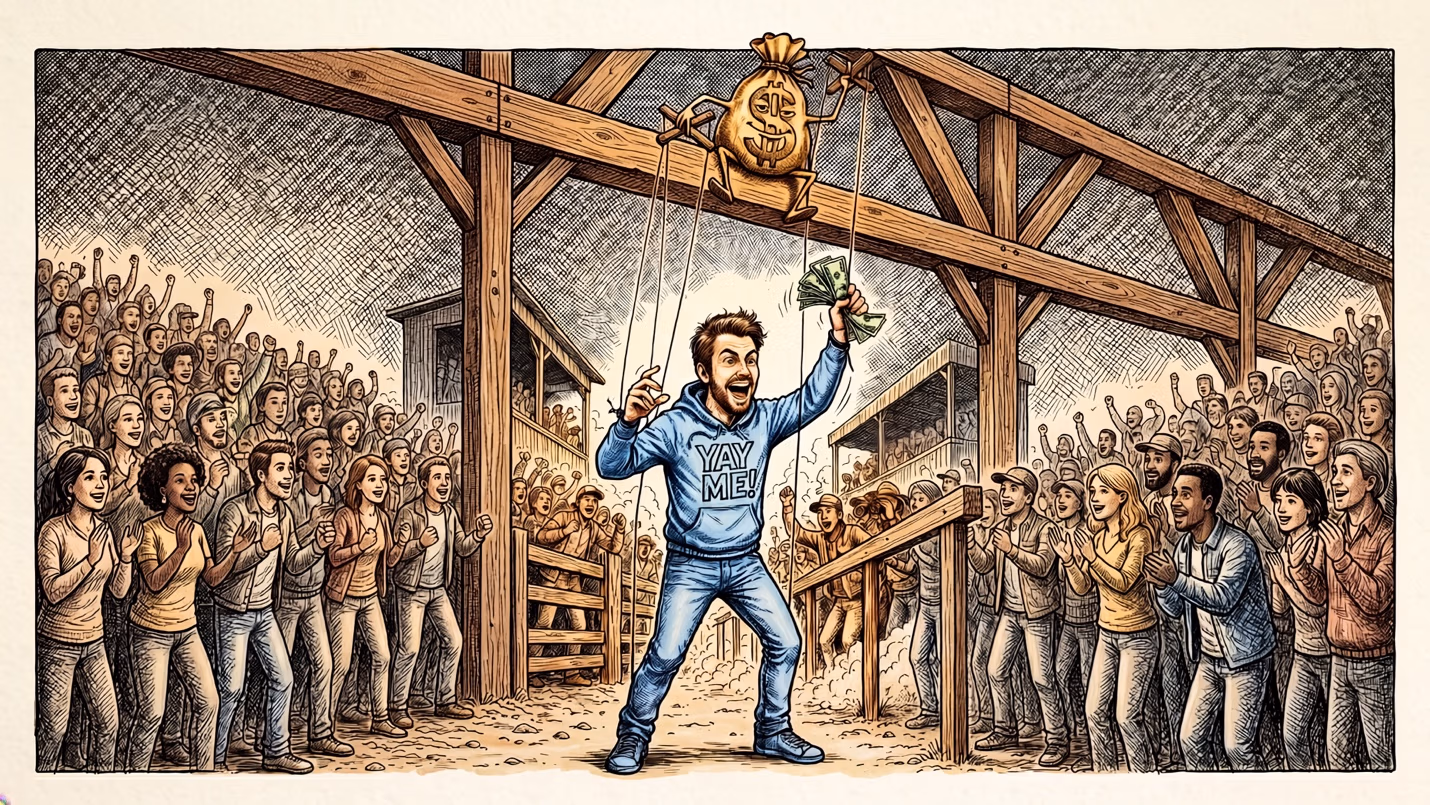 Illustration of a man in a "YAY ME!" hoodie holding cash, suspended and controlled like a marionette by strings attached to a giant grinning money-bag figure overhead, cheered on by a large crowd.