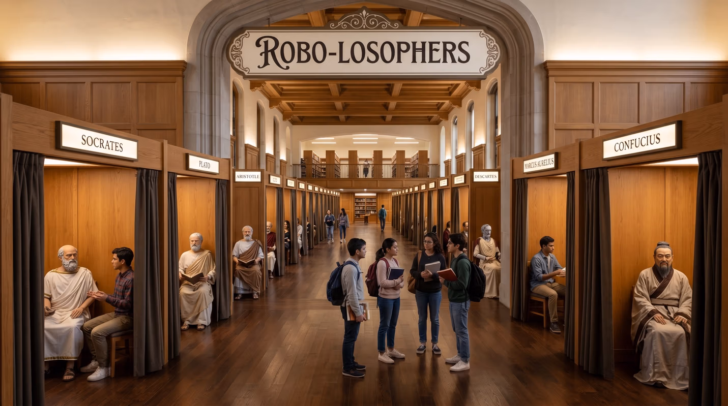 Photorealistic image of a grand library hall with a sign reading "Robo-losophers," lined with curtained booths labeled with names of philosophers (Socrates, Plato, Aristotle, Confucius, etc.), each containing a robotic/statue figure, while students converse in the aisle.