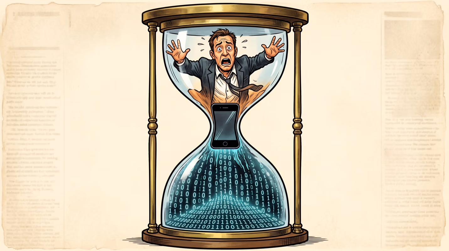 Illustrated cartoon of a man in a suit trapped and falling through the neck of a giant hourglass, being funneled through a glowing smartphone into a stream of binary code below, set against an aged newspaper-page background.