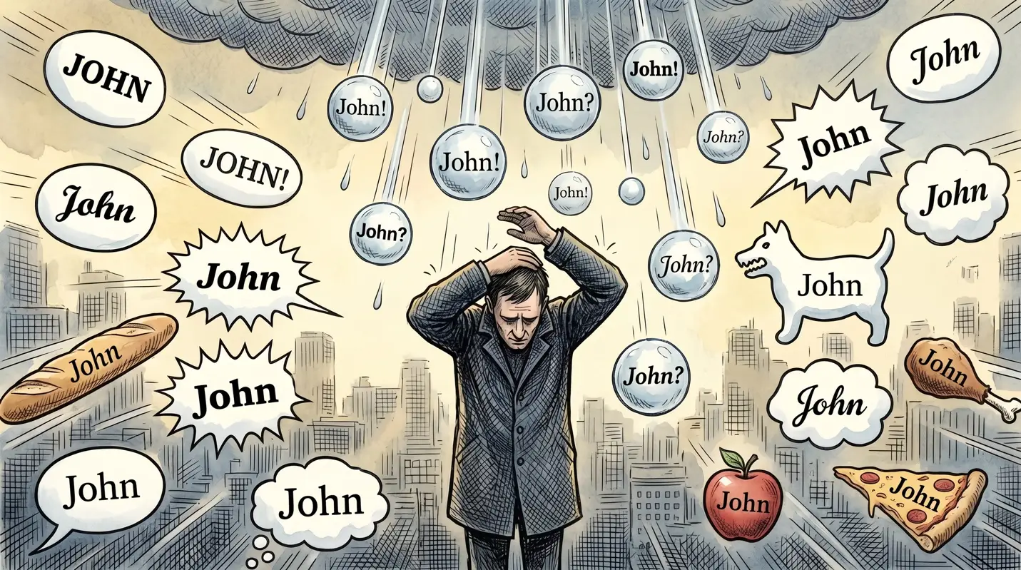 Cartoon of a distressed man clutching his head in a city street as dozens of speech bubbles, thought bubbles, and everyday objects all labeled "John" rain down around him.