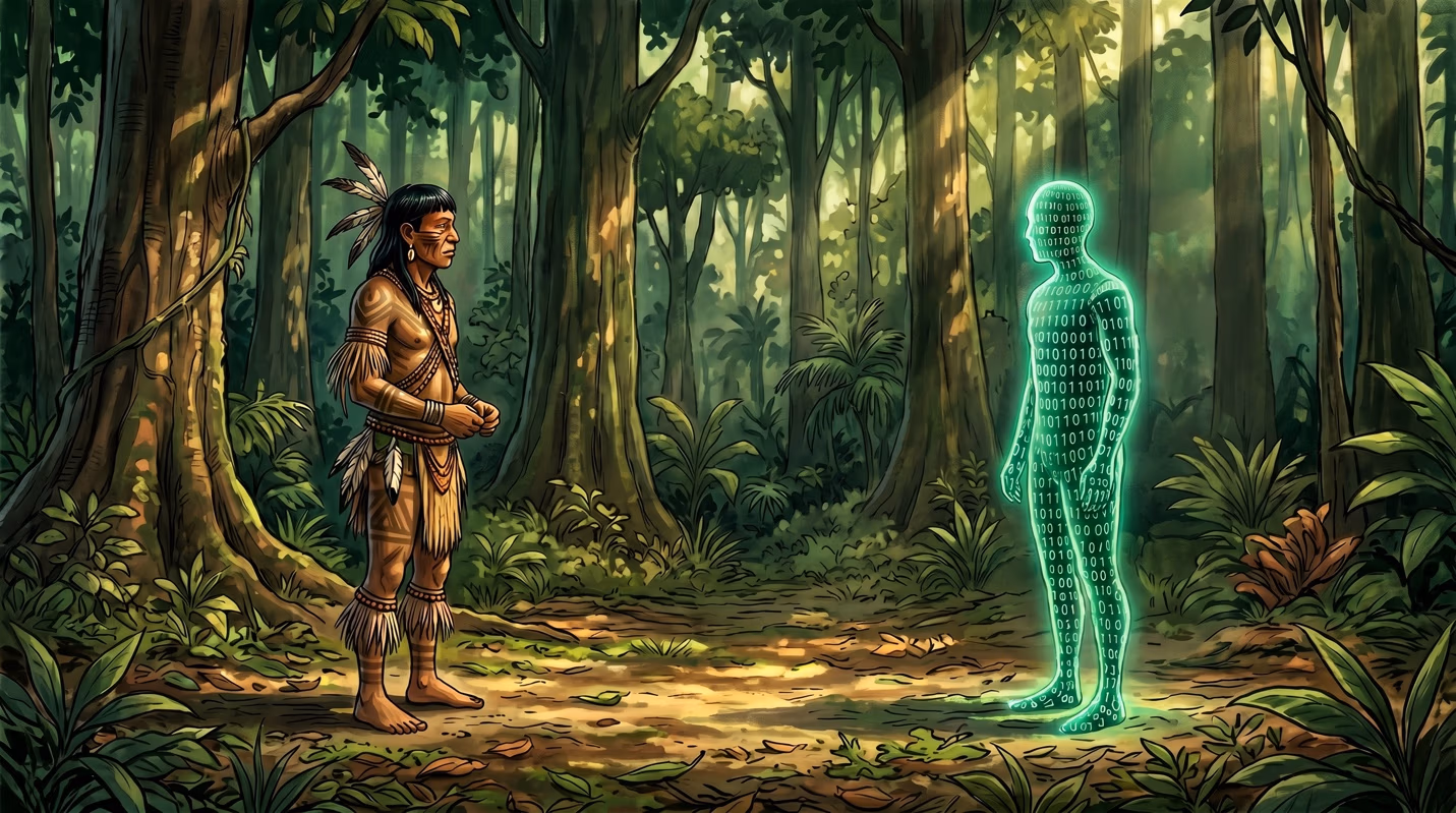Illustration set in a lush jungle showing a feather-adorned Indigenous tribesman facing a translucent glowing green humanoid figure whose body is composed of streaming binary code.