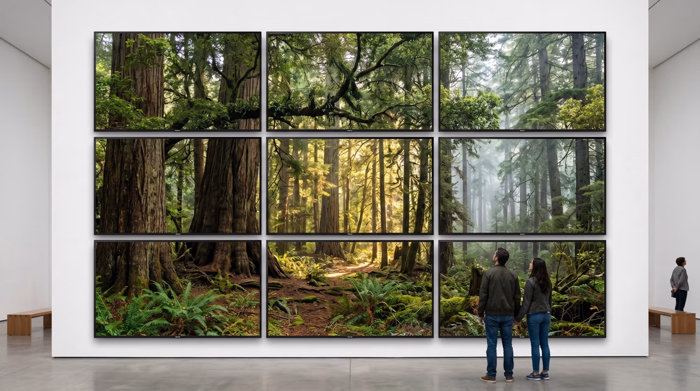Photograph of a museum gallery where two visitors view a large grid of nine framed screens/photographs depicting a lush green forest, arranged edge-to-edge on a white wall.