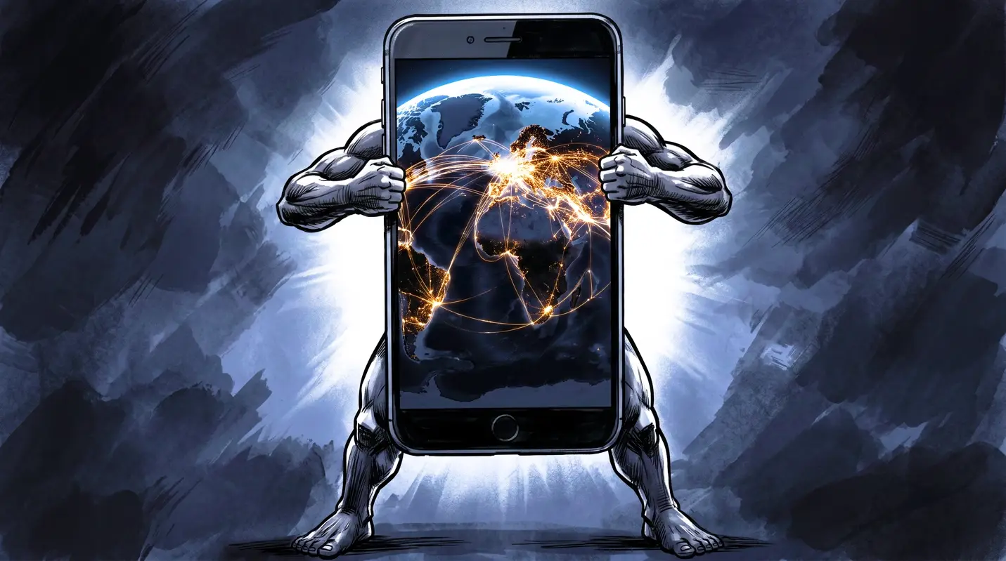 Dark, moody illustration of a giant smartphone with muscular humanoid arms and legs, its screen showing a glowing image of Earth crisscrossed with bright network connection lines.