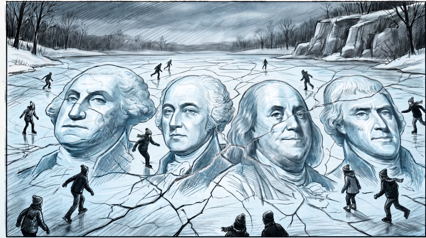 Illustration of four large presidential-style stone monument faces, resembling Mount Rushmore, cracking apart on a frozen, fractured lake surface as ice skaters glide across it.
