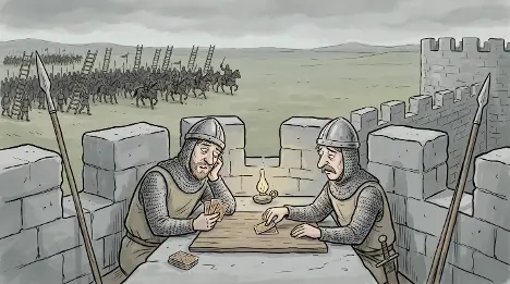 Illustration of two medieval soldiers in armor playing cards by candlelight atop a castle wall, while a distant army with ladders approaches across the countryside.