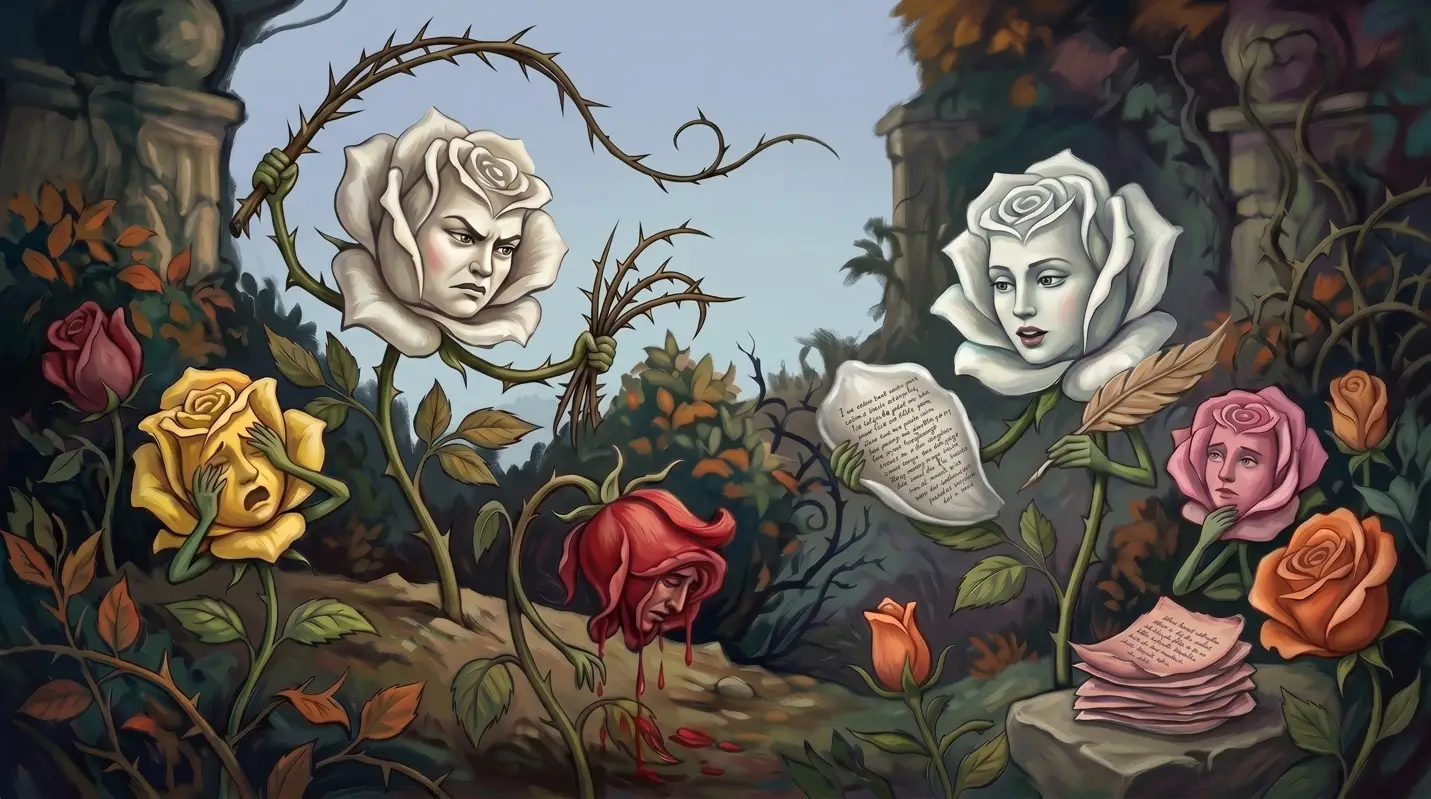 Surreal painterly illustration of anthropomorphic roses with human faces in a garden, expressing anger, grief, and sorrow, one holding a thorned whip, one weeping, one bleeding, and one reading a letter with a quill.