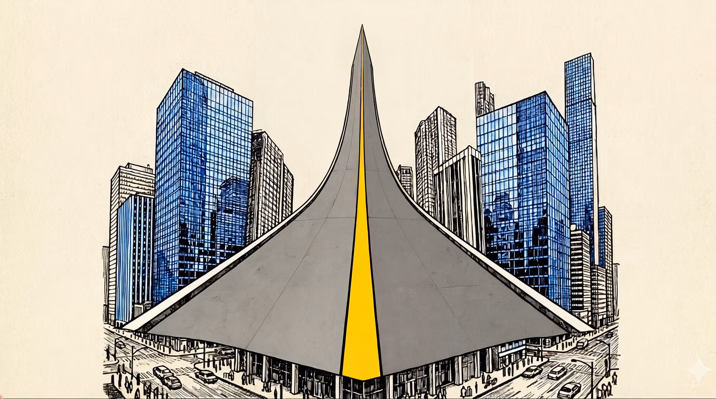 Stylized line-art illustration of an elevated highway with a bright yellow central lane sweeping up into a sharp architectural peak, flanked by a modern city skyline of glass skyscrapers.