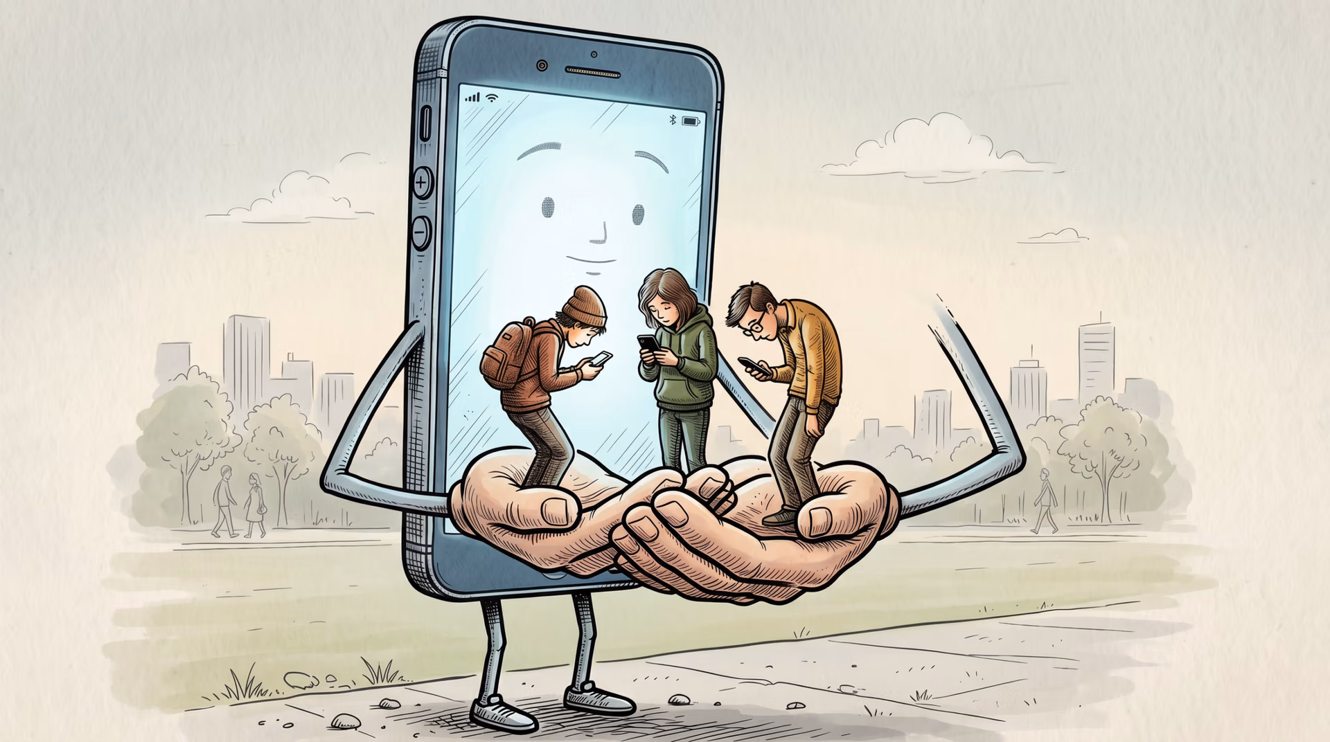 Illustration of a giant smartphone with cartoon arms, legs, and a face, cradling three small human figures in its palm as they stare down at their own phones.