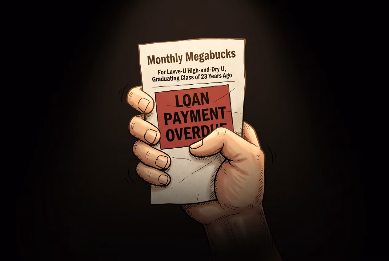Color illustration of a hand holding a wrinkled "Monthly Megabucks" alumni loan letter with a bold red "LOAN PAYMENT OVERDUE" stamp, spotlit against a black background.