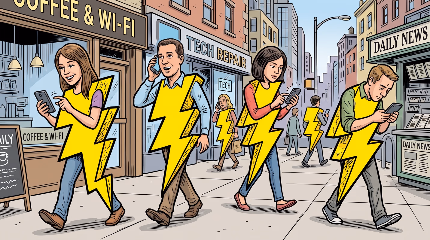 Illustration of pedestrians on a busy sidewalk, each marked with a large yellow lightning bolt, absorbed in their phones outside coffee, tech, and news shops.