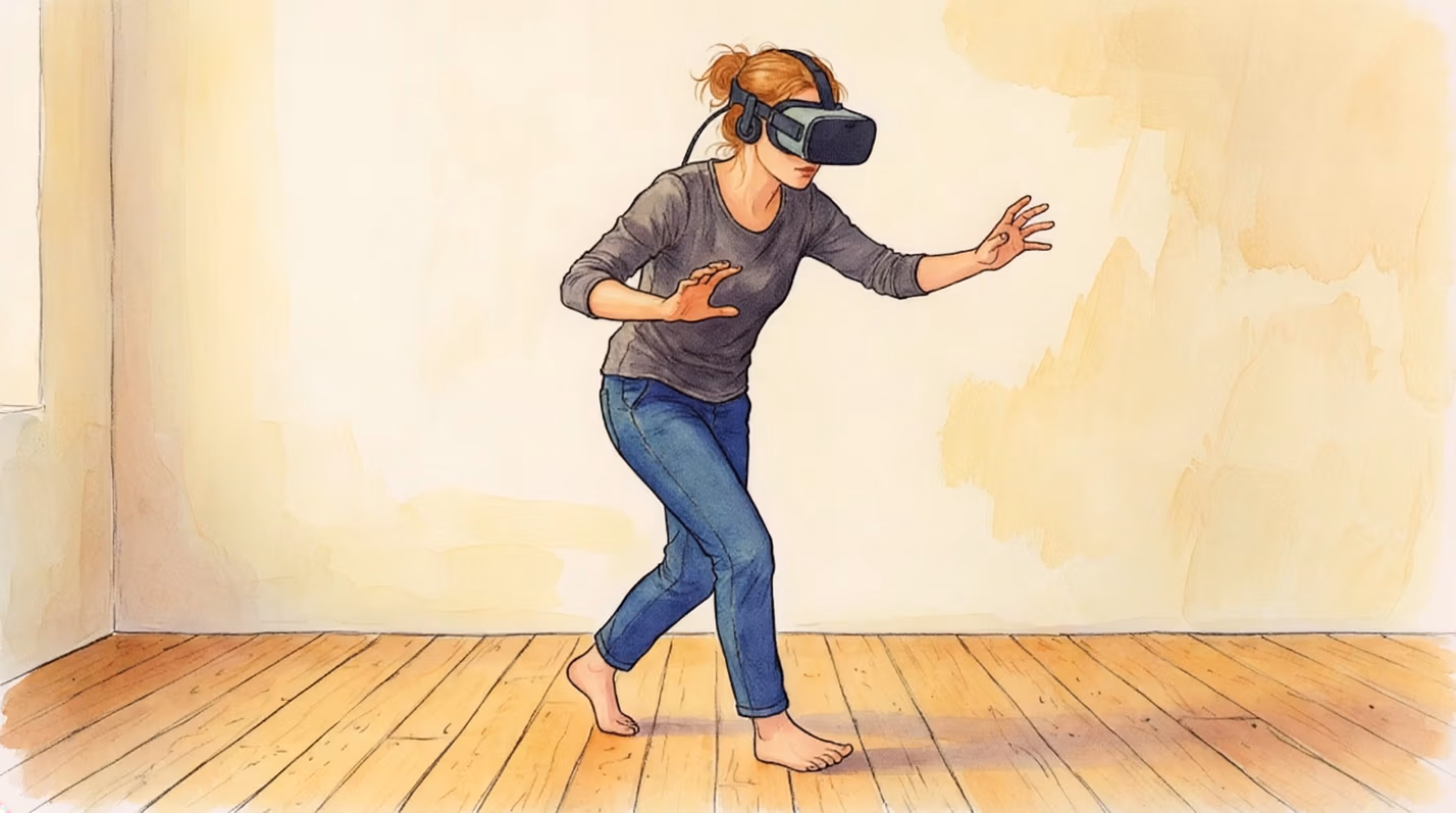 Watercolor-style illustration of a barefoot woman wearing a VR headset, reaching out with both hands as if touching an unseen object, standing in an empty room with a bare wood floor.
