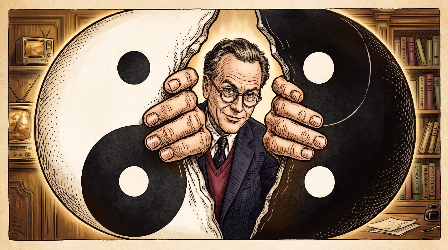 Illustrated portrait of a bespectacled man in a suit and cardigan pulling apart a glowing yin-yang symbol with both hands, set against a bookshelf of philosophy titles and vintage televisions.