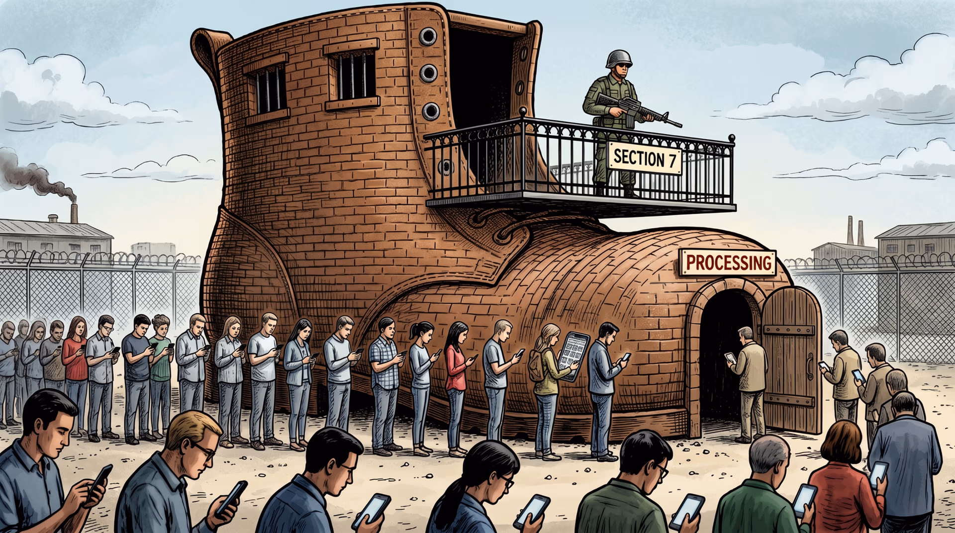 Illustration of a giant boot-shaped prison labeled "Section 7" and "Processing," guarded by an armed soldier, with a long line of people below all staring down at their smartphones.
