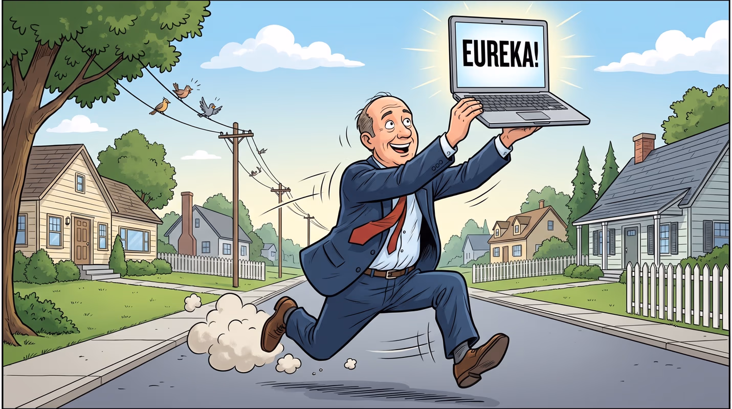Cartoon of a grinning man in a suit running down a suburban street holding up a glowing laptop that reads EUREKA!
