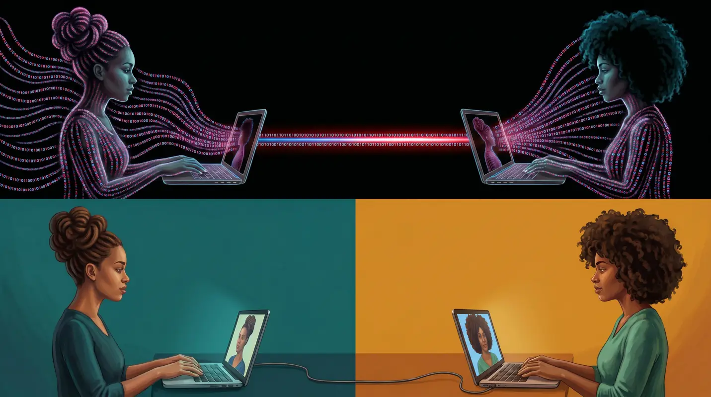 Split illustration: the top half shows two women rendered as glowing digital/binary-code figures typing on laptops and connected by a red stream of data across a black background; the bottom half shows the same two women as ordinary photorealistic figures typing on laptops against teal and orange backgrounds.